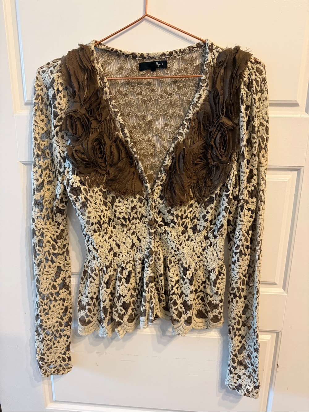 Ryu Cream Crochet Lace Button-Down Top with Brown Appliqué
